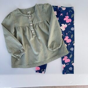 Simple Joys Olive Green Long Sleeve ButtonUp Top w/ Navy Floral Leggings size 3T